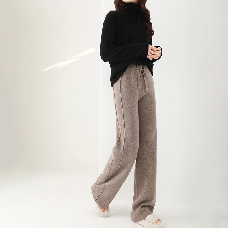 秋冬100羊毛针织阔腿裤女外穿高腰显瘦垂感侧缝休闲拖地羊毛长裤