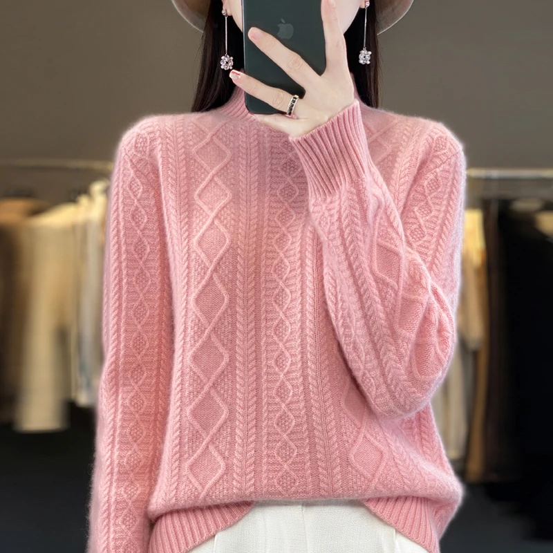 秋冬新款半高羊毛衫女加厚绞花毛衣韩版百搭100羊毛打底针织衫