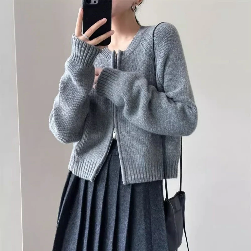 秋冬短款小个子100羊毛开衫女宽松时尚拉链毛衣外套羊毛针织衫厚