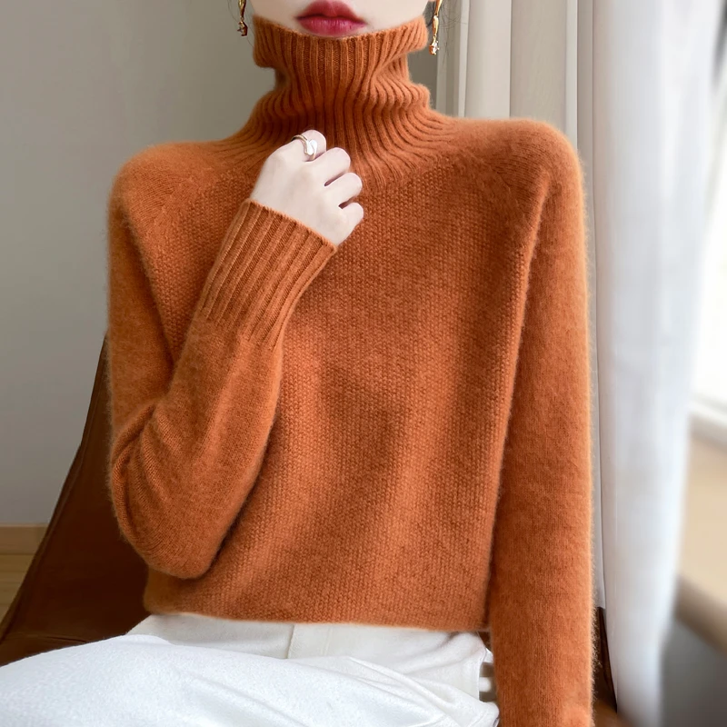 秋冬新款厚款气质宽松羊毛衫女高领针织100羊毛打底衫保暖毛衣