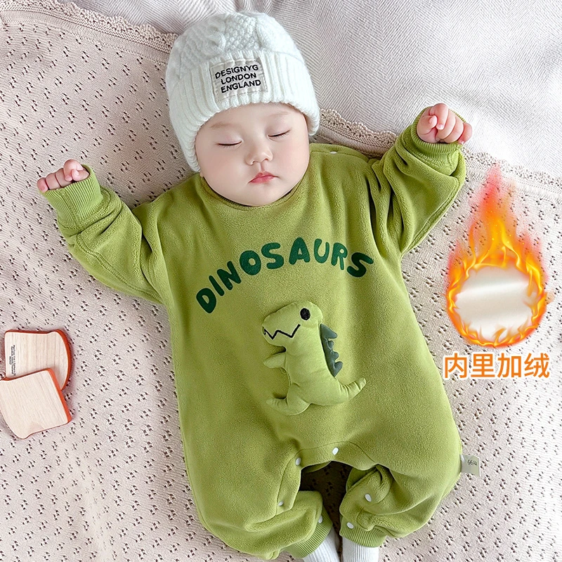 加绒连体衣婴儿可爱宝宝外出服秋冬婴幼儿爬服哈衣冬恐龙衣服男宝
