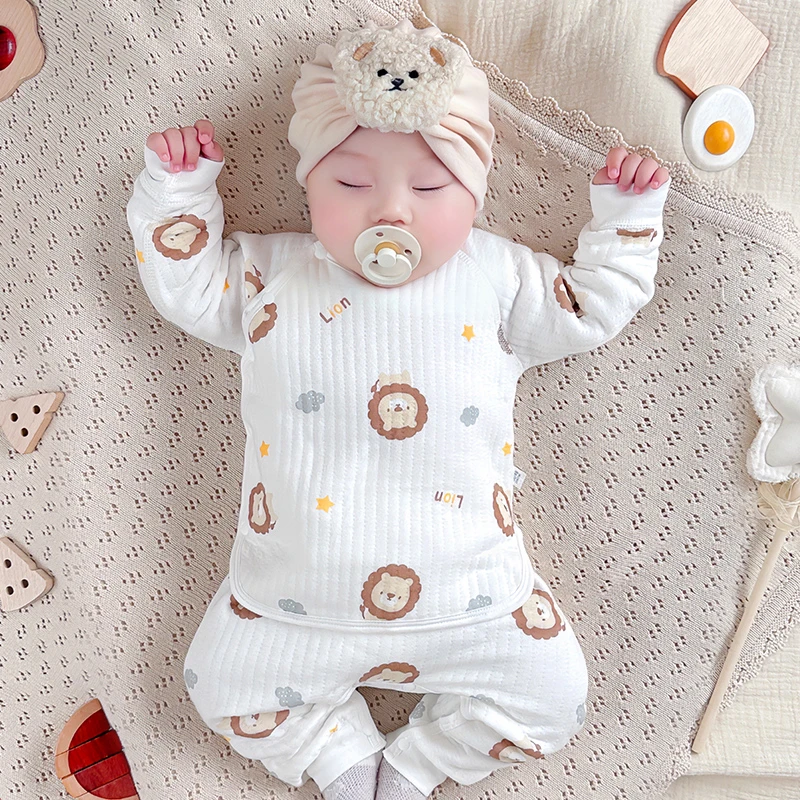婴儿保暖套装婴幼儿睡衣秋冬款分体冬季高腰护肚宝宝薄夹棉两件套