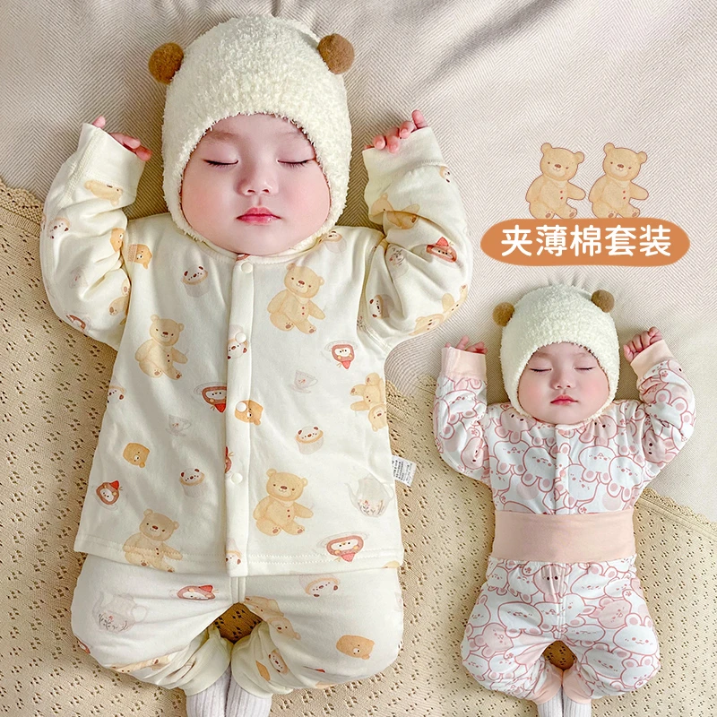 婴儿三层夹棉内衣套装秋冬宝宝睡衣高腰护肚保暖婴幼儿冬季家居服