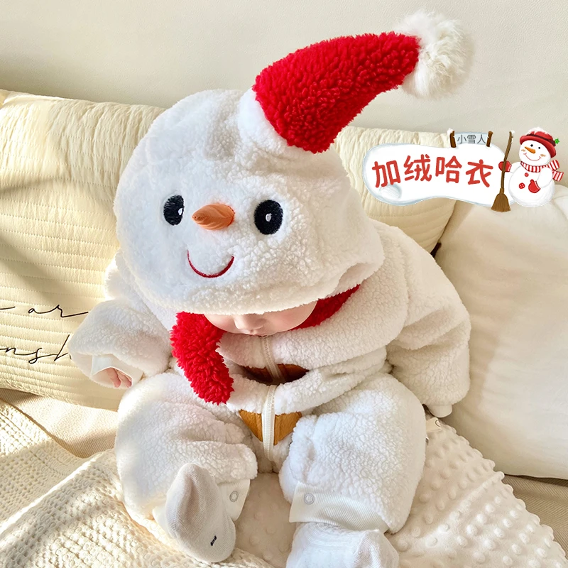 圣诞婴儿服冬季加厚衣服加绒可爱小雪人连体衣宝宝超萌外出哈衣冬