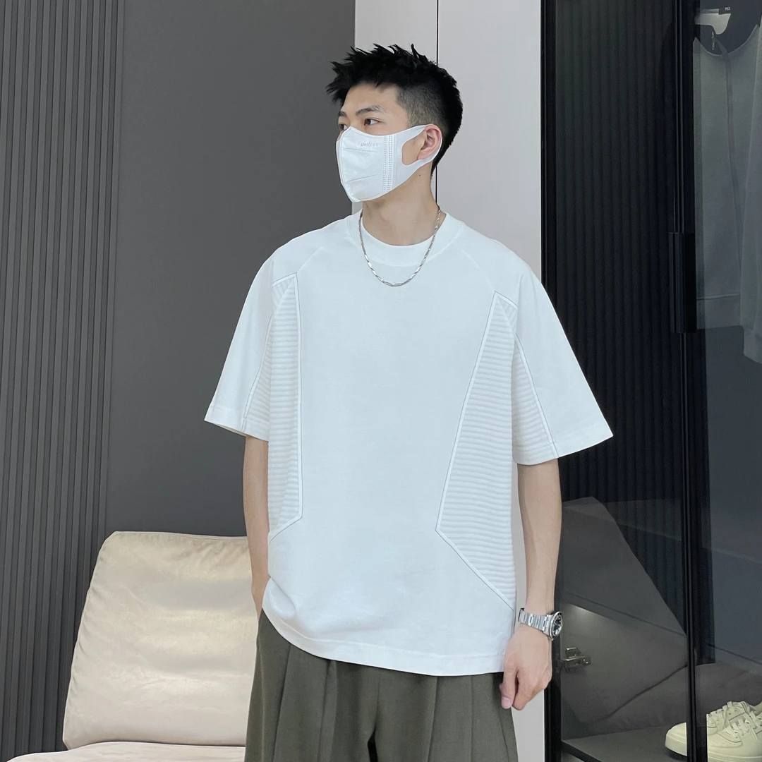 【高品质】男女同款宽松情侣特殊面料拼接透气短袖圆领T恤简约休闲