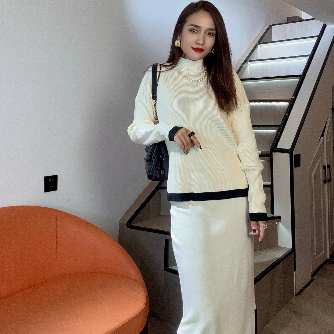 2024新款气质高弹高密柔软舒服针织上衣半身裙两件套套装