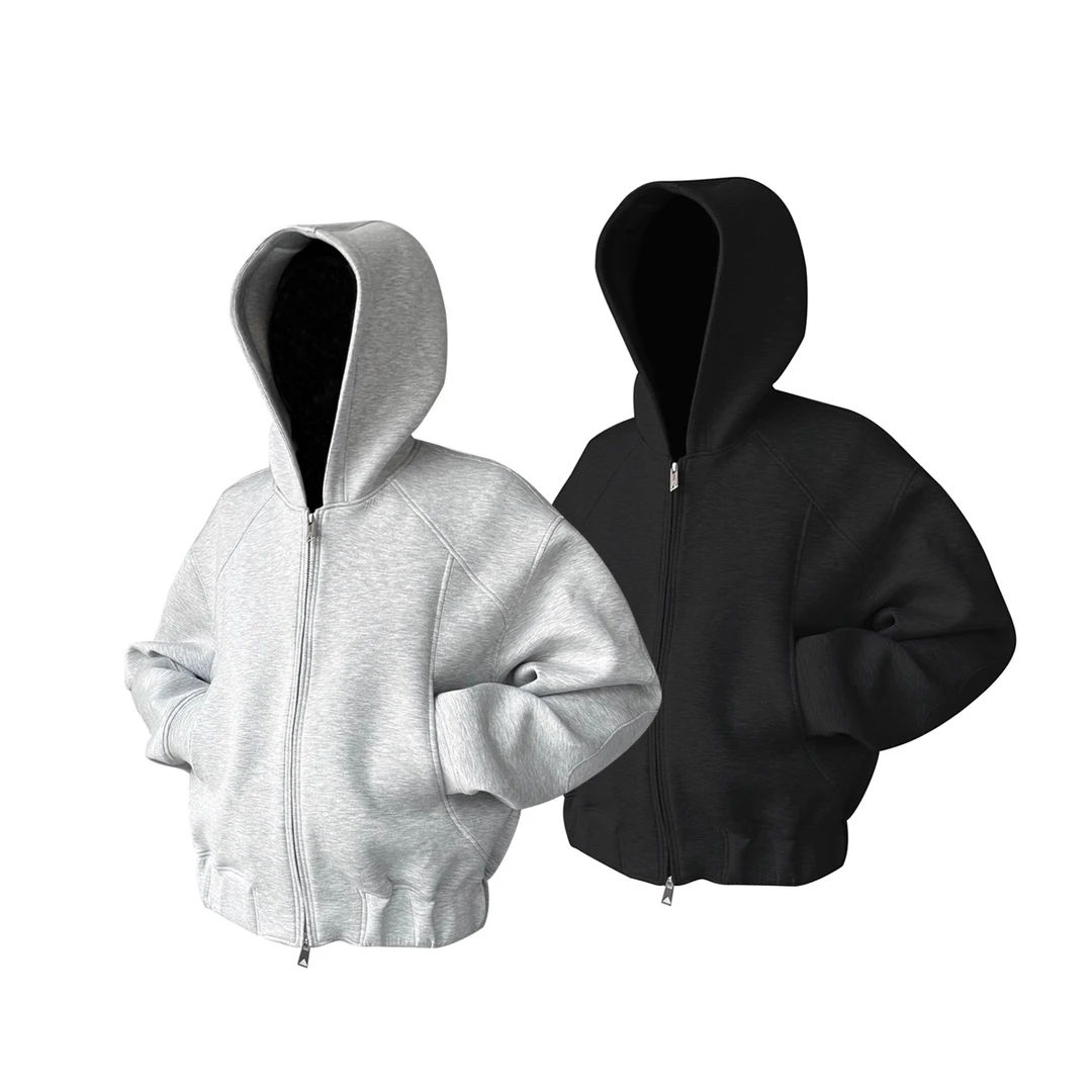 美式设计感小众秋季新款男卫衣开衫短宽连帽廓形剪裁纯色卫衣外套