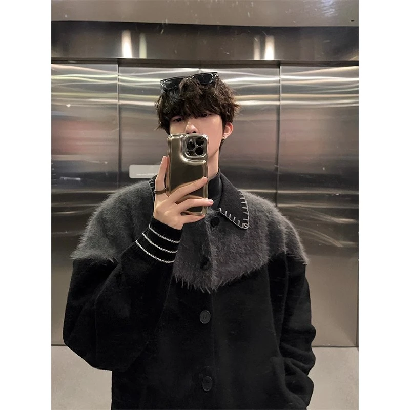 美式高级感撞色拼接针织开衫外套男秋冬款潮流休闲宽松毛衣百搭潮