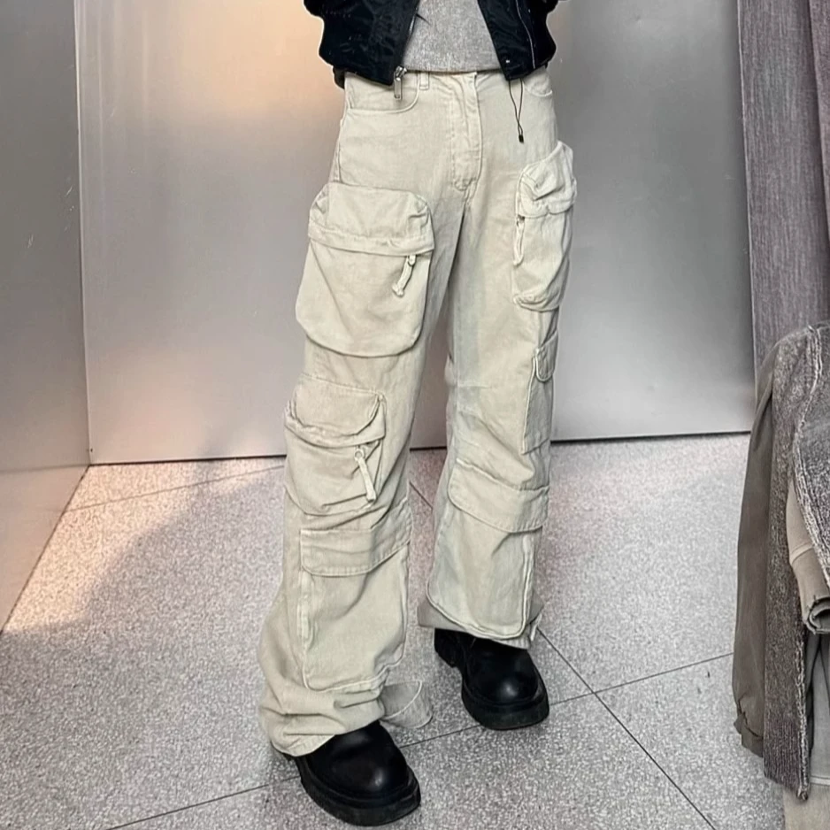 春秋季美式设计小众工装口袋水洗机能牛仔裤休闲阔腿男痞帅直筒裤