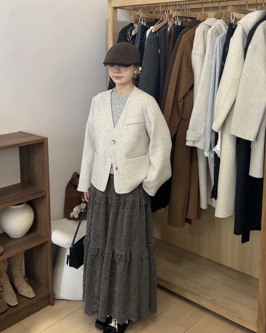 韩系穿搭无领两粒扣短款双面大衣秋冬气质