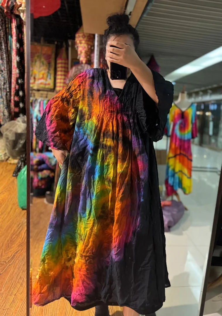 泰国彩色扎染宽松连衣裙