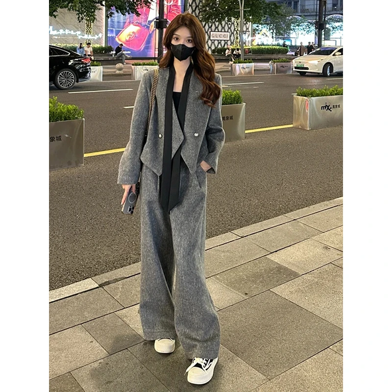 纯欲高级感气质V领飘带毛呢西装外套女秋季新款高腰直筒裤两件套