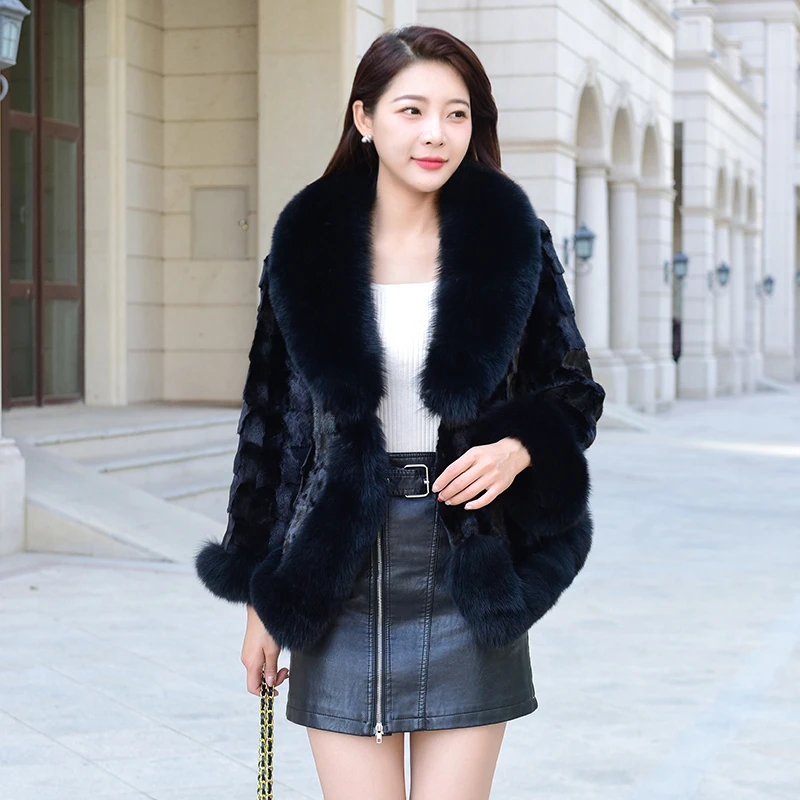 2023新款女士皮草大衣水貂毛狐狸大毛领设计师外套秋冬款洋气必备