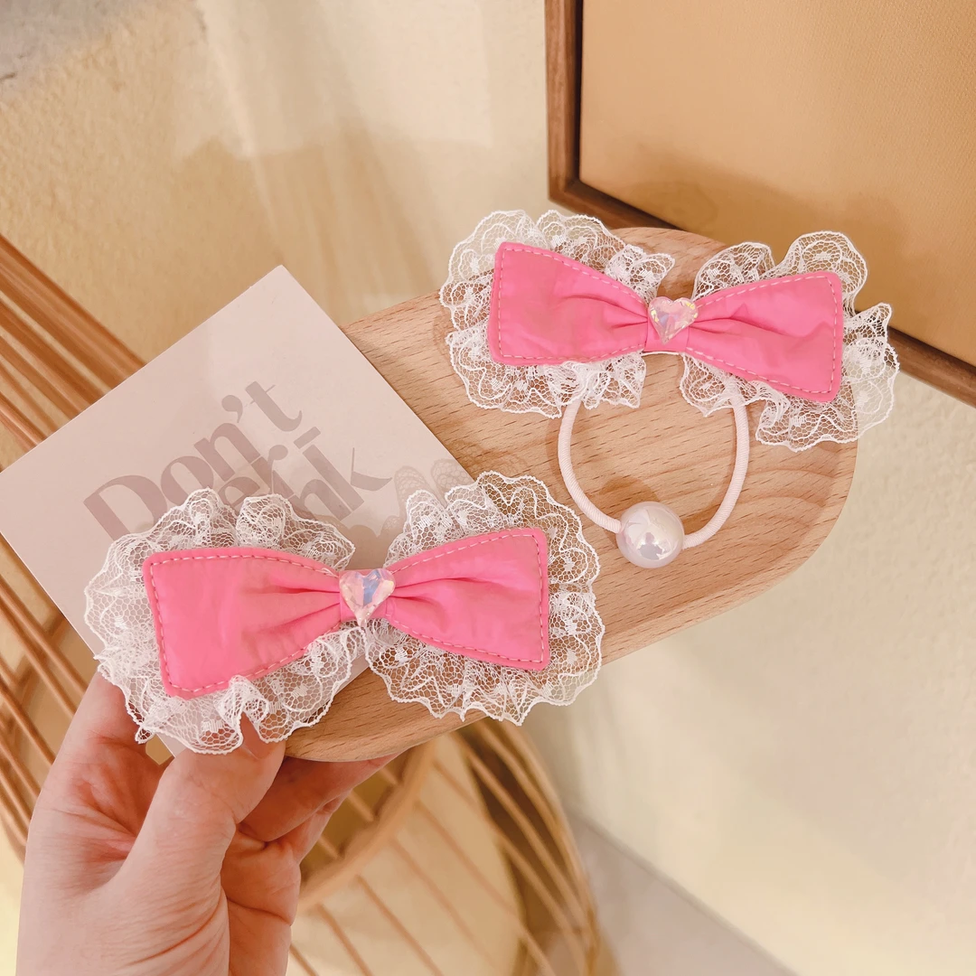 EF1213【满9.9发货】蕾丝粉色蝴蝶结绕绕发绳儿童发夹可爱公主发饰