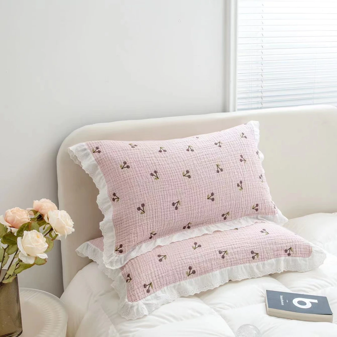 【京かわ会社】全棉纱布枕巾 镂空荷叶边 一对装 55*80cm 樱桃甜心