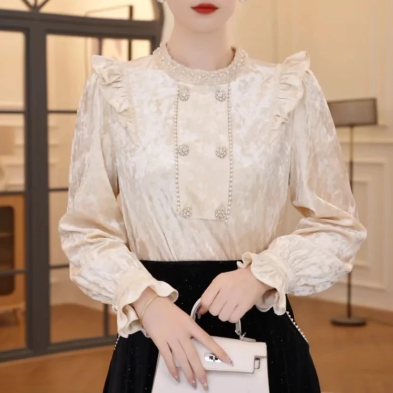 393金丝绒荷叶边法式上衣女秋冬新款复古名媛风气质内搭