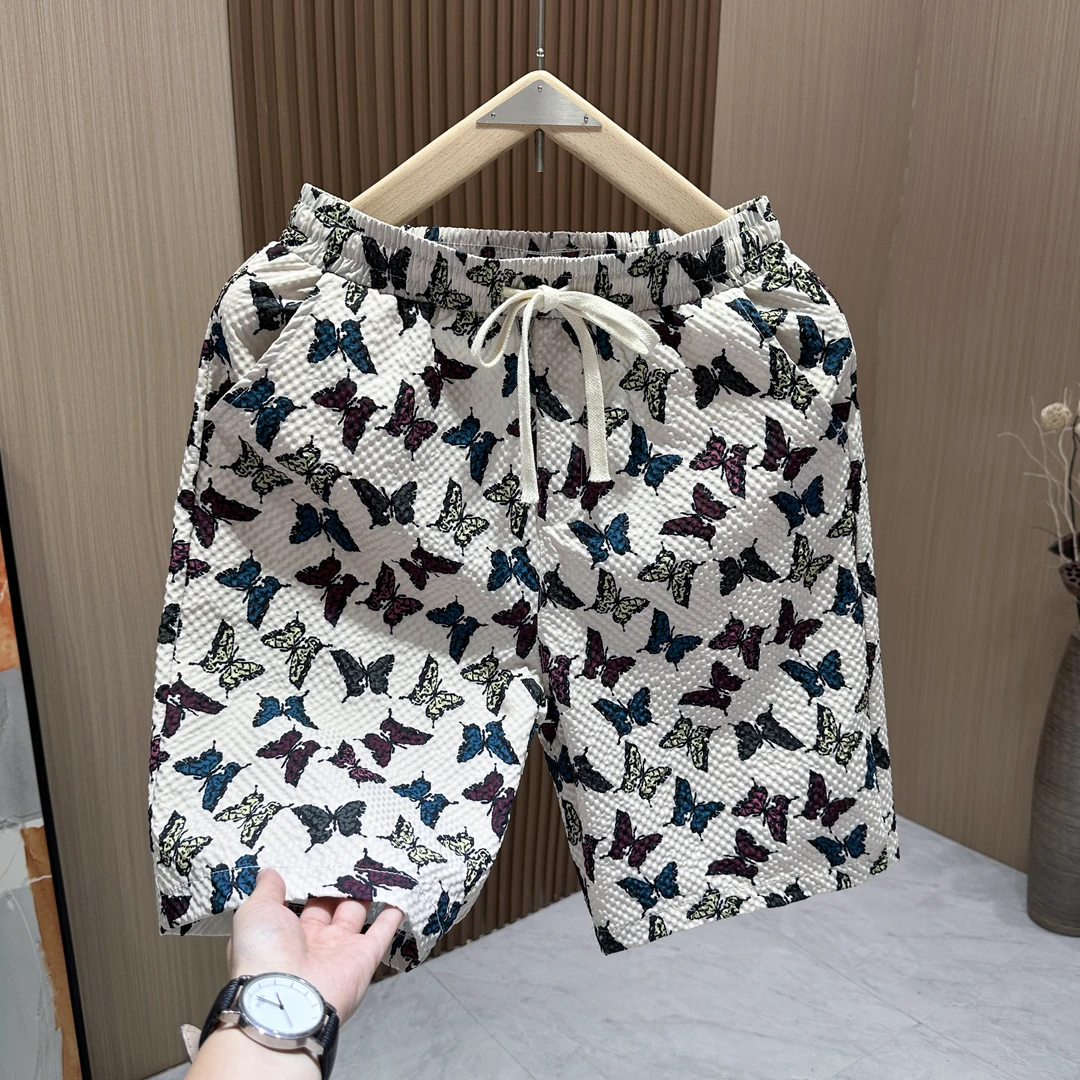 夏季新款蝴蝶提花休闲短裤男士透气宽松运动裤潮牌百搭五分沙滩裤