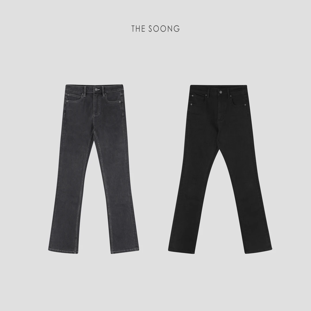 THESOONG|黑长直靴裤|12.6安洗水加软中腰黑色弹力牛仔裤HBNZ3520