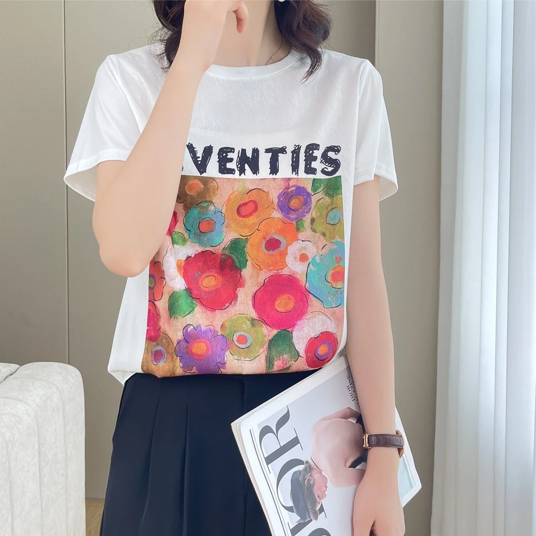 夏季时尚圆领短袖女显瘦气质百搭显瘦缎面拼接短袖1400