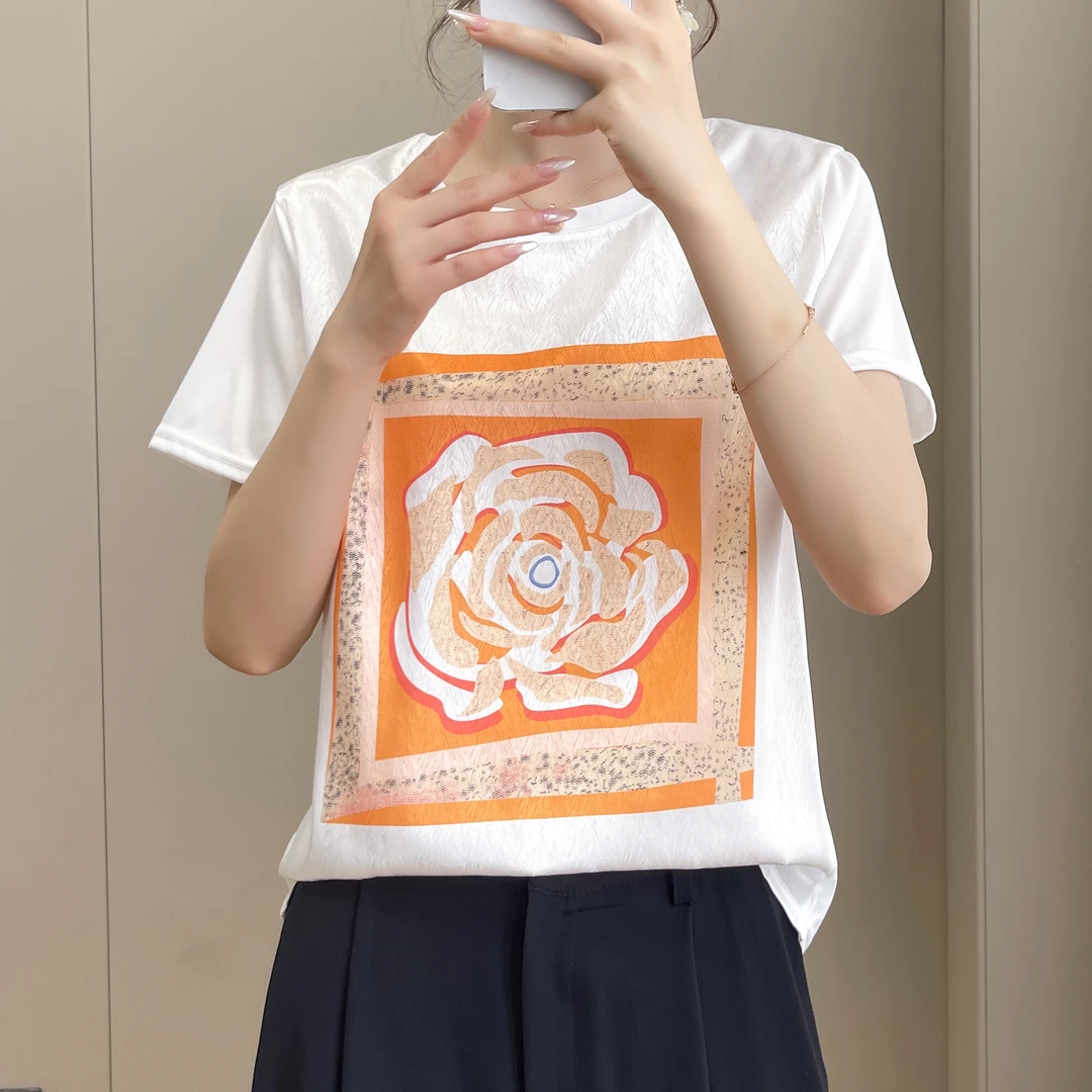 夏季丝滑缎面冰凉感珠光牛奶丝女T恤洋气AB拼接短袖1460