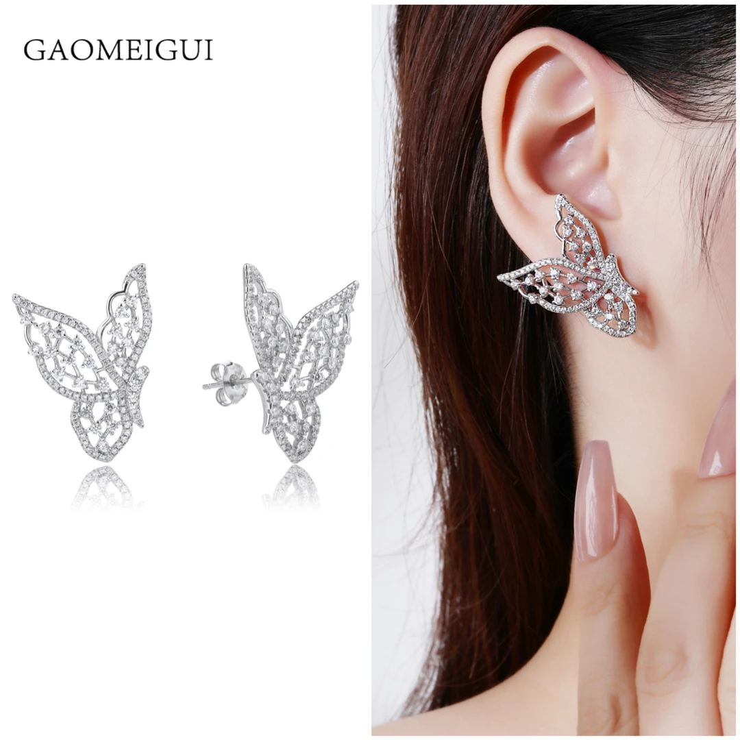 GAOMEIGUI 925银合成锆石耳饰 满钻蝴蝶花立体耳环编码A069