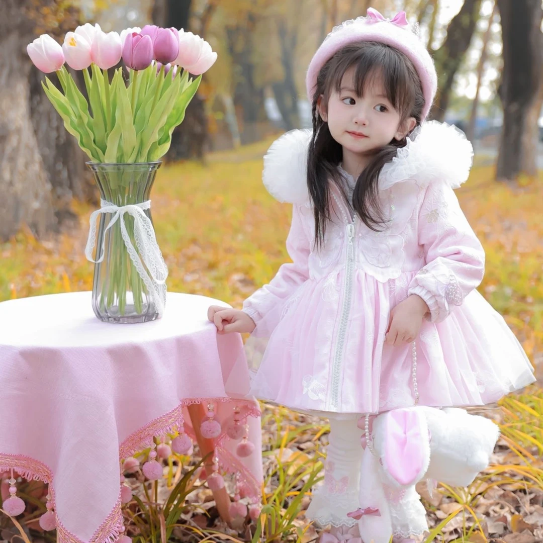 2023冬季新款儿童棉服女童蝴蝶仙子加绒加厚拉链外套保暖蕾丝连帽