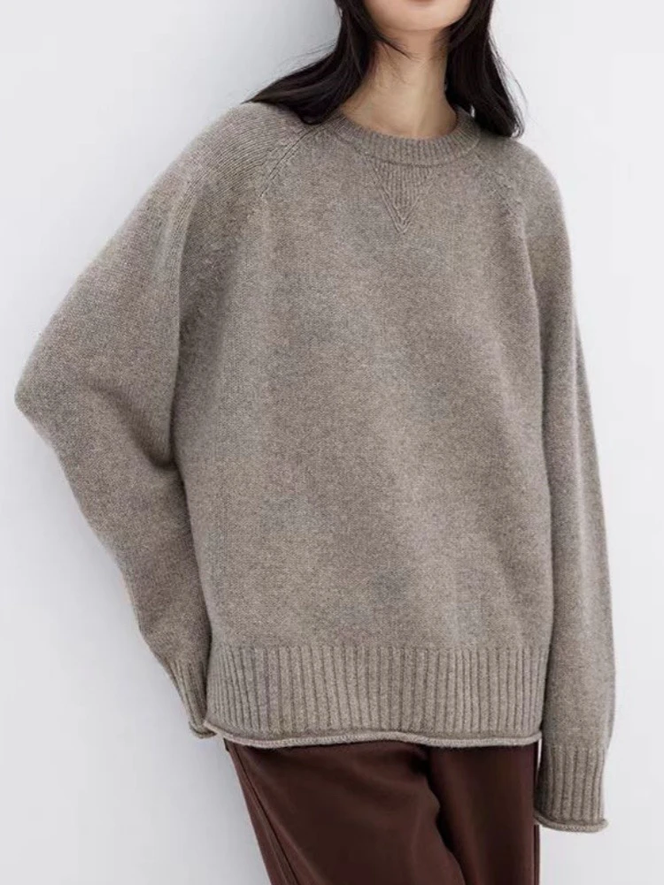 XC-L67已开价100%羊毛衫倒三角卷边袖圆领宽松慵懒风长袖毛衣秋冬