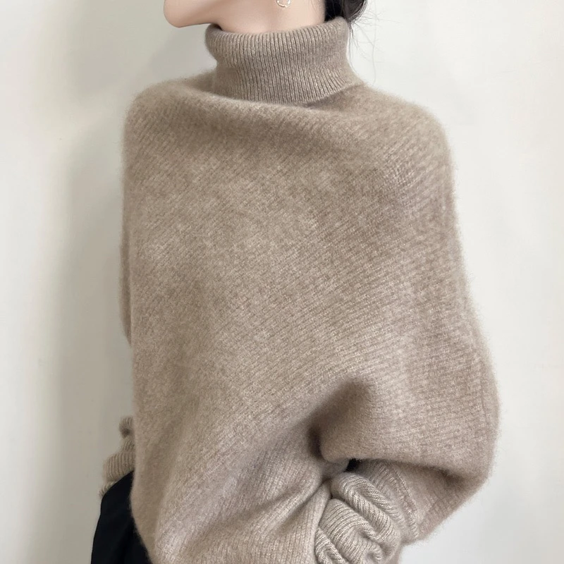 AC2431已开价 秋冬100%纯羊毛衫女高翻领宽松慵懒风针织斗篷毛衣