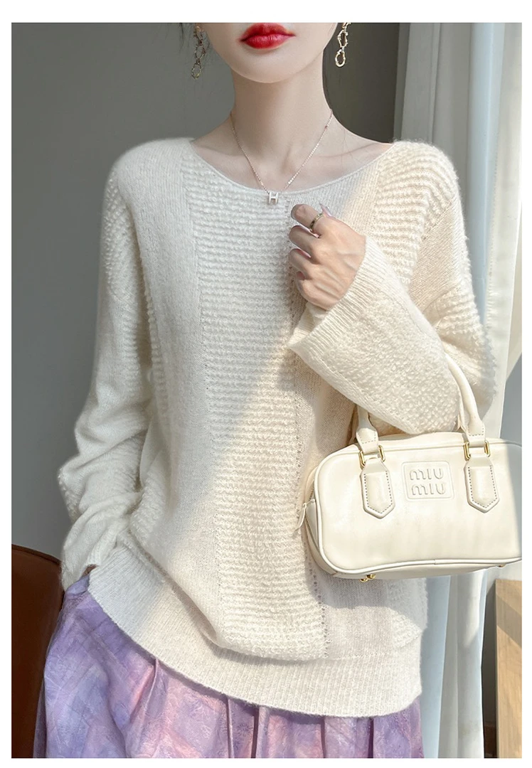 DJ825已开价 康宝莱丝羊 绒衫一字领毛巾绣针织衫轻盈宽松上衣