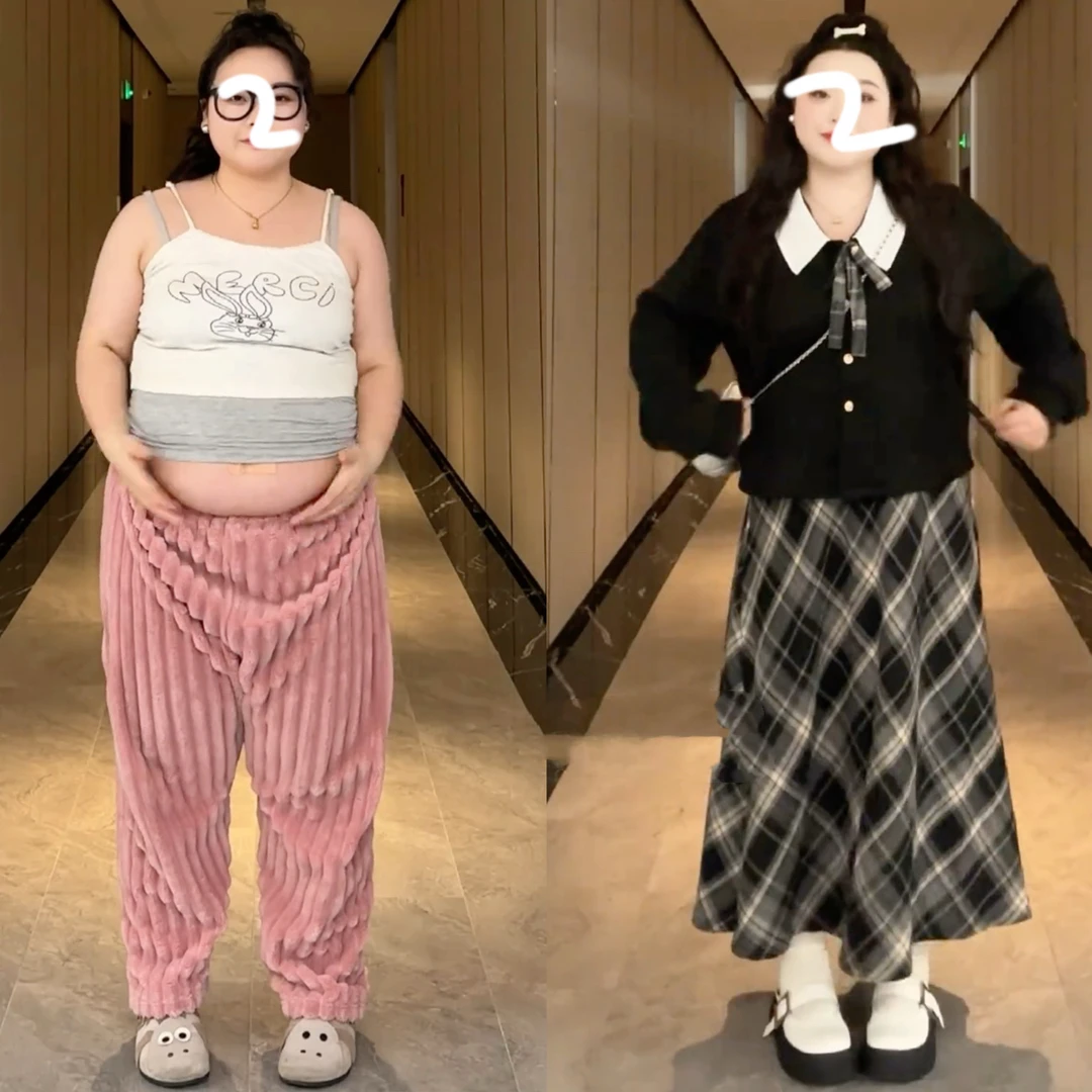 大码胖mm学院风套装女秋冬蝴蝶结开衫毛衣高腰格纹半身裙子两件套