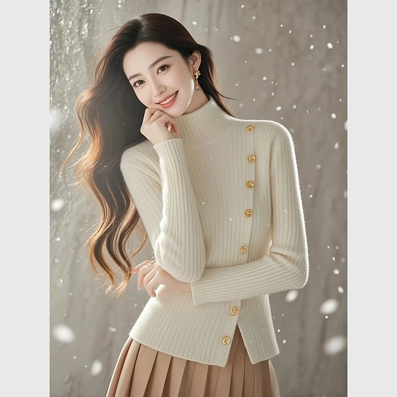 2024入秋慵懒高级感穿搭白色针织打底衫上衣女气质小香风高领毛衣