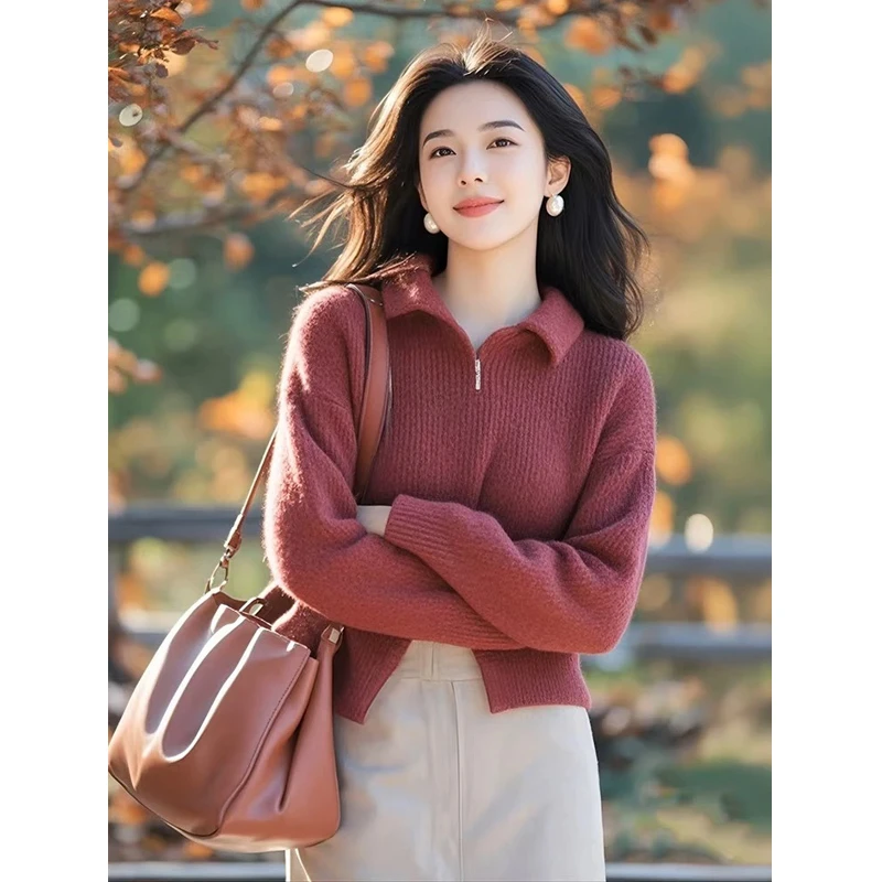 设计感小众不撞款024秋季新款韩系穿搭树莓粉色针织衫毛衣外搭女