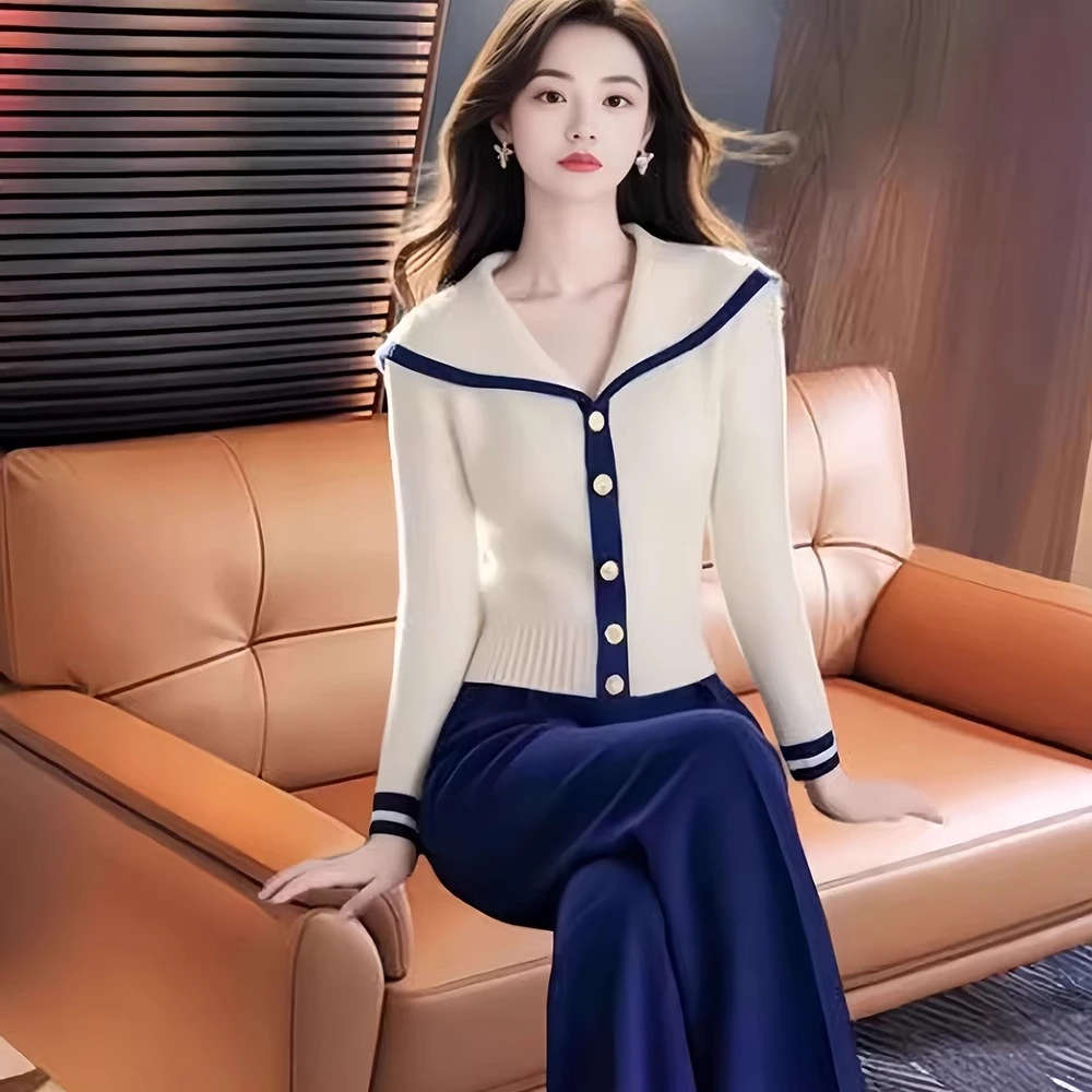 蓝白撞色海军领收腰毛衣针织开衫女2024秋冬季新款韩系高级感上衣