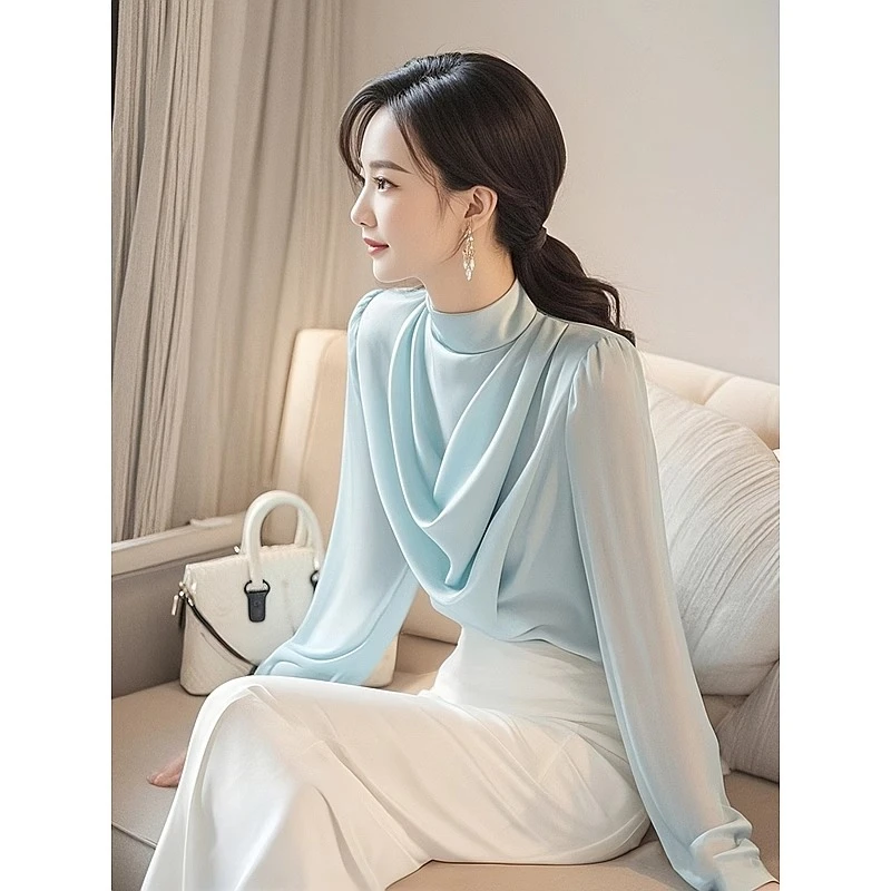 法式高级感上衣2024早秋新款气质别致小衫通勤超好看淡蓝色衬衫女