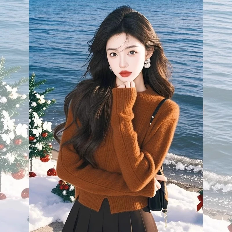 2024冬季气质高级感经典百搭咖色毛衣显瘦遮肉大女主宽松套头上衣