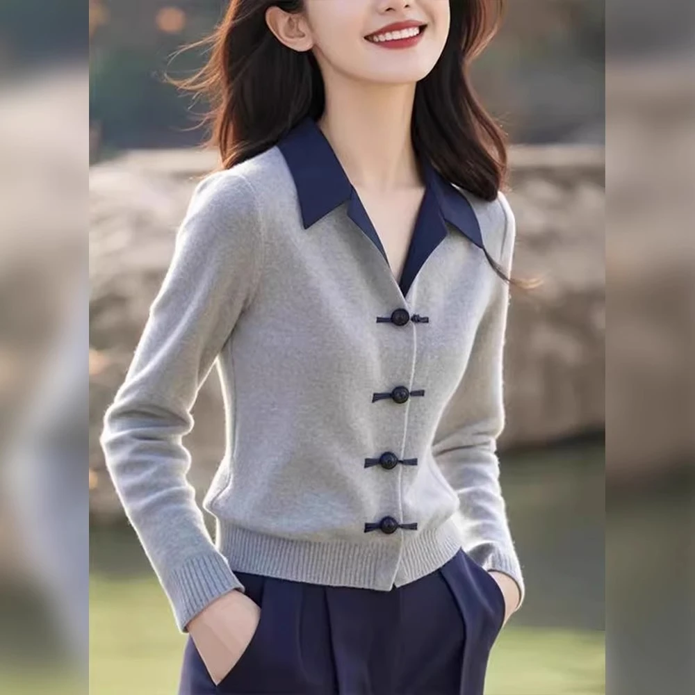 新中式国风灰色拼接翻领针织开衫毛衣女2024秋冬季新款高级感上衣