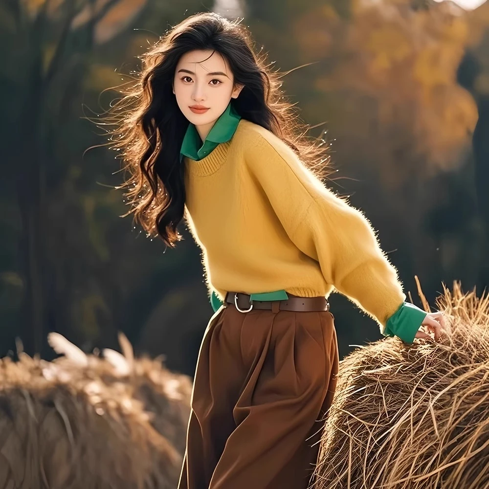 2024冬季新款独特高级感超好看减龄黄色毛衣裤子两件套