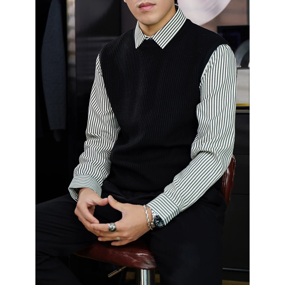 男士休闲老钱轻奢针织套头打底秋冬长袖竖条纹衬衫领假两件毛衣