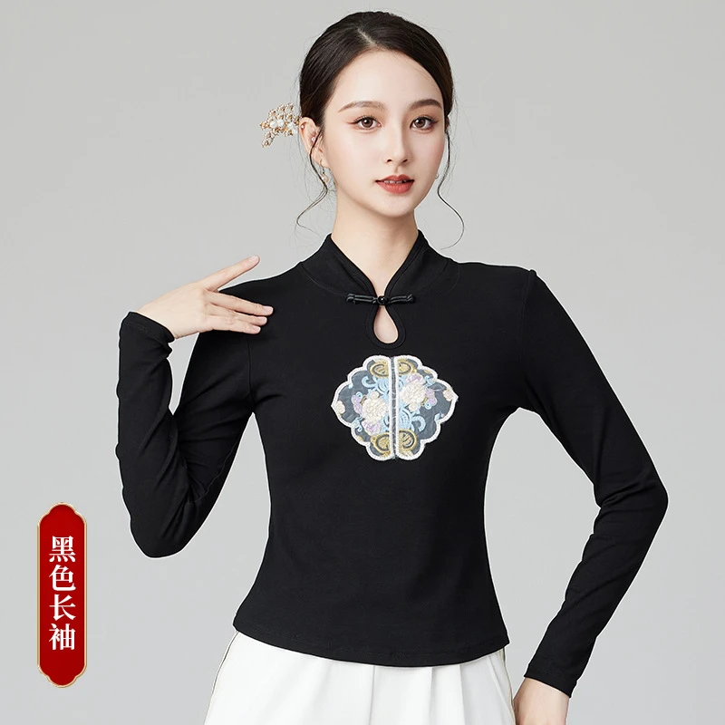 2025春季国风盘扣长袖新中式修身上衣刺绣广场舞民族风打底衫SYFS