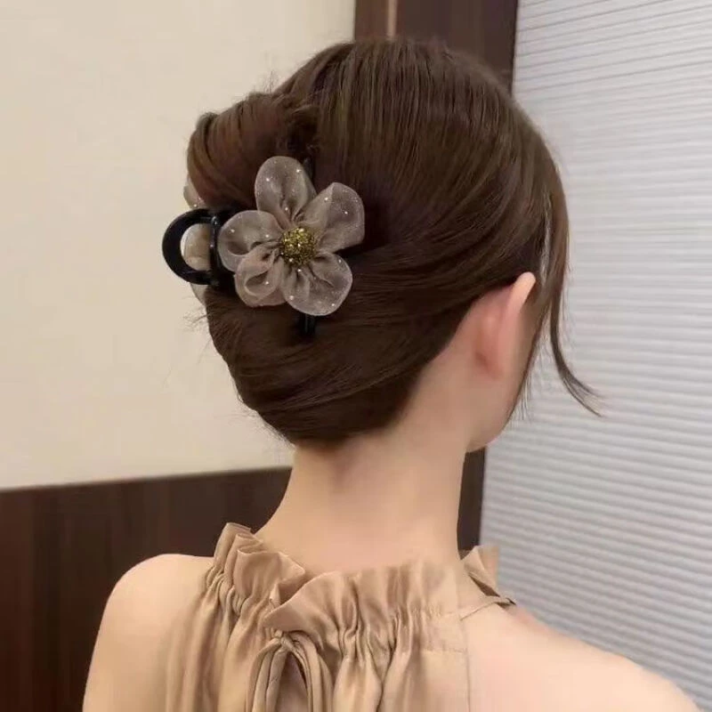 网纱水钻花朵抓夹女气质马尾夹鲨鱼夹半扎发夹头饰女两只装