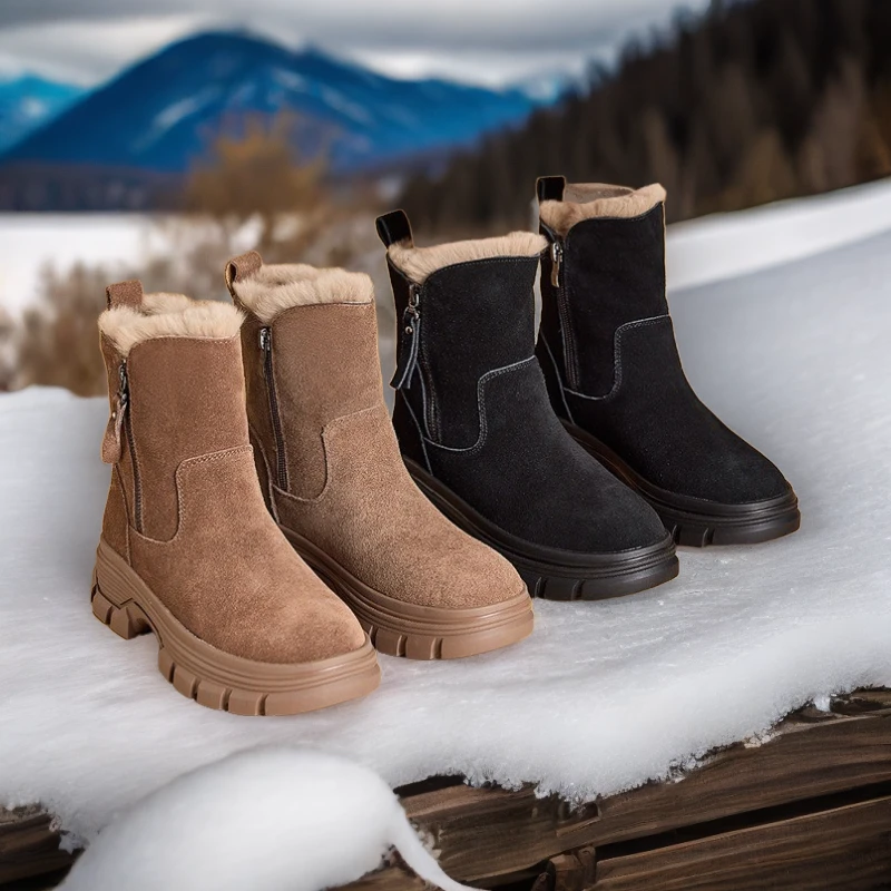 红蜻蜓牌牛皮雪地靴短筒雪地靴秋冬雪地靴加绒加厚时尚百搭冬季‘’