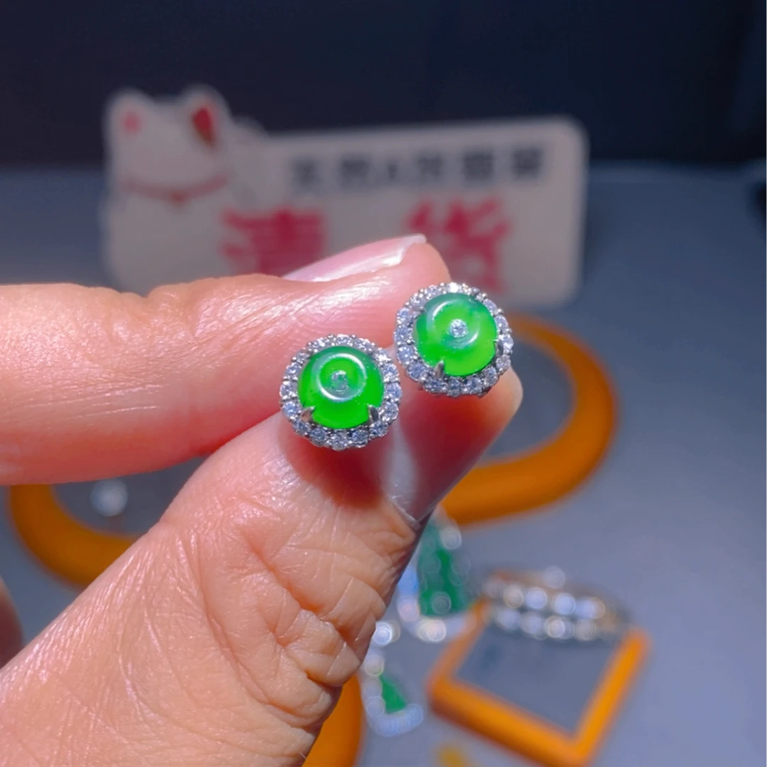 翡翠满色平安扣耳钉女生耳饰