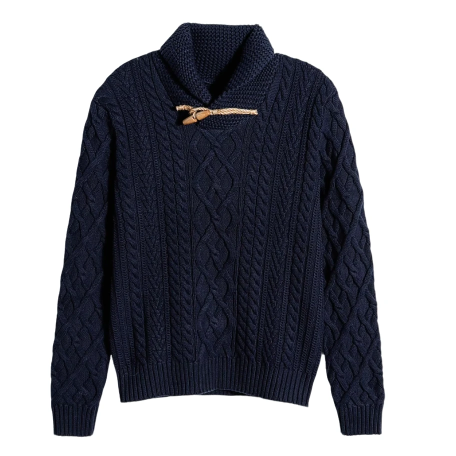 R 无主标 美式经典 100%棉加厚复古扭花木口青果领毛衣Y