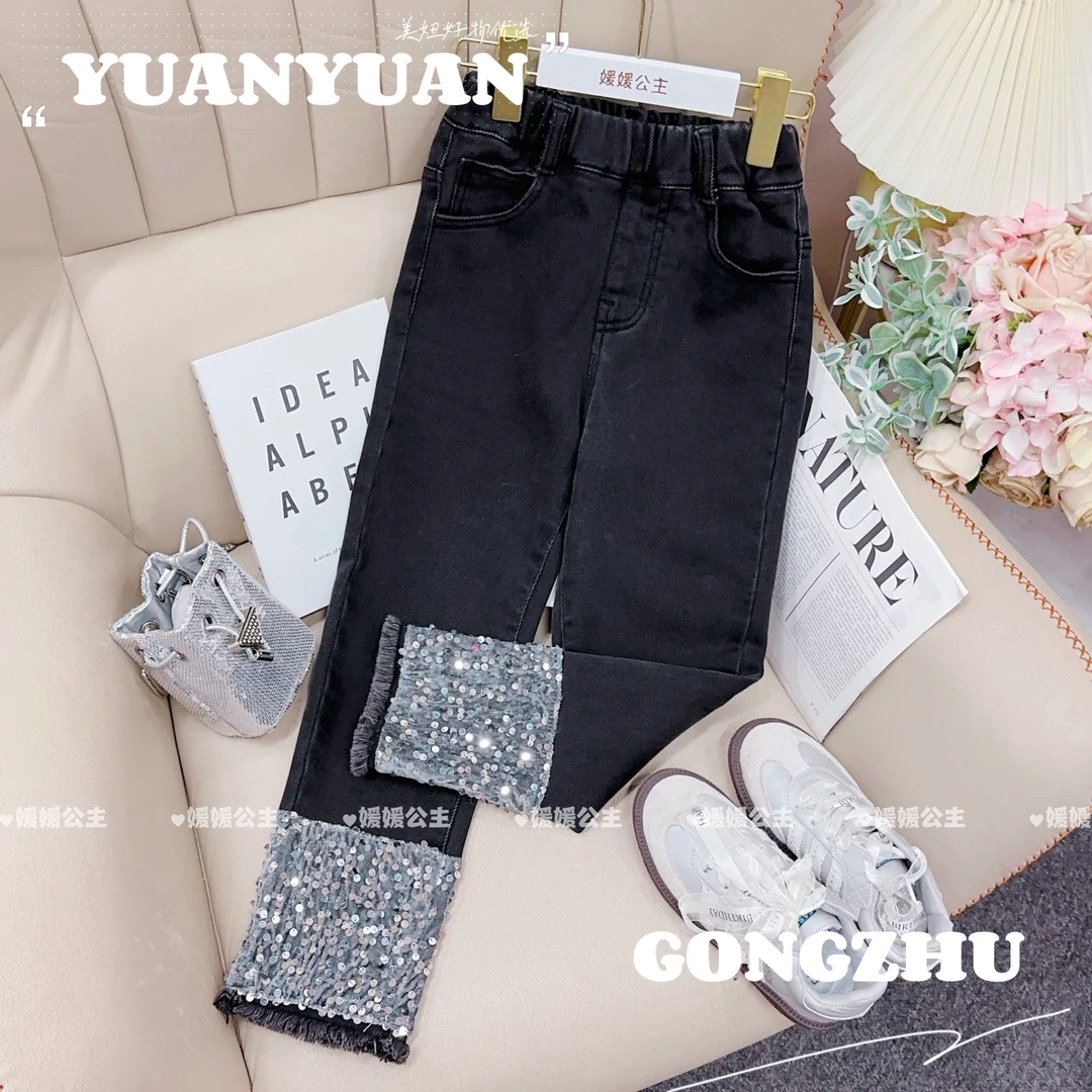 媛媛公主媛2025冬季女童中大童修身百搭亮钻牛仔裤14420Y413