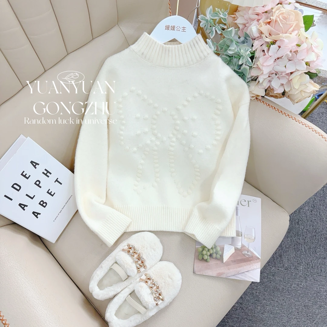 媛媛公主2025冬季加厚女童时尚百搭纯色蝴蝶结毛衣14414A039