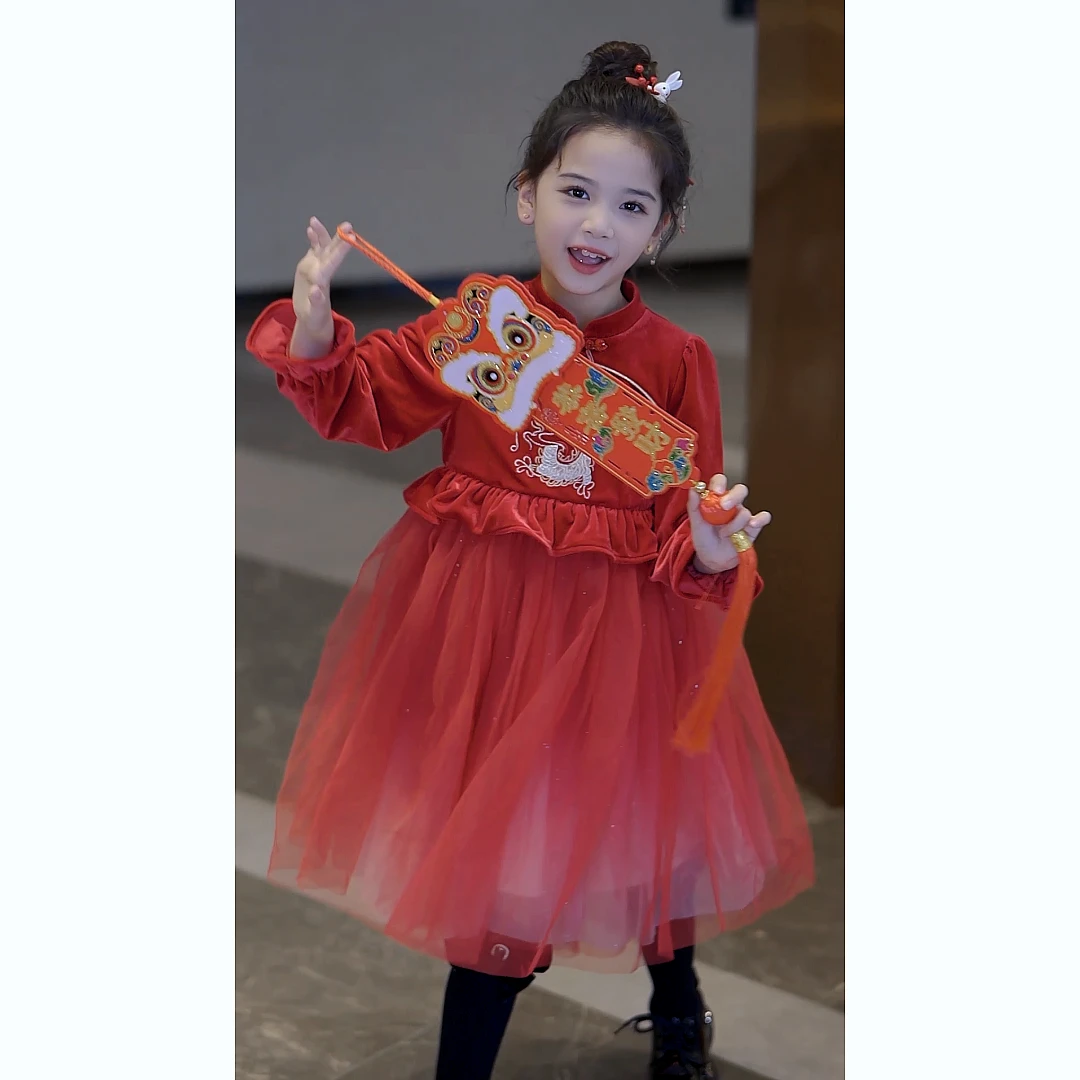 媛媛公主2023冬女童中大童亲子红色新年服长纱裙13461C027