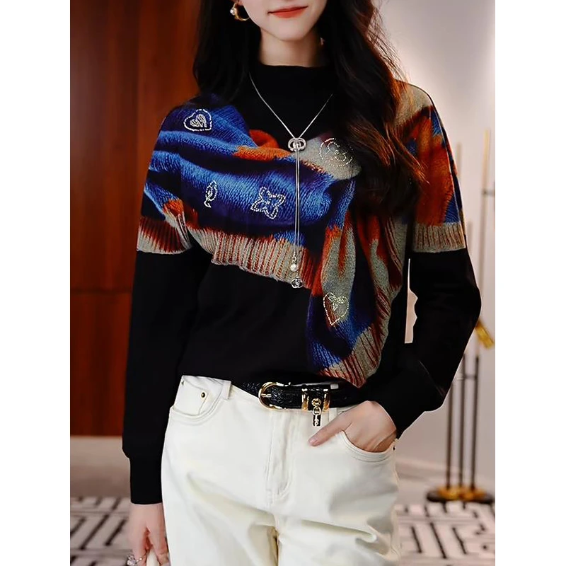 新款高级感印花氢氧绒玫瑰烫钻气质显瘦百搭加厚长袖上衣