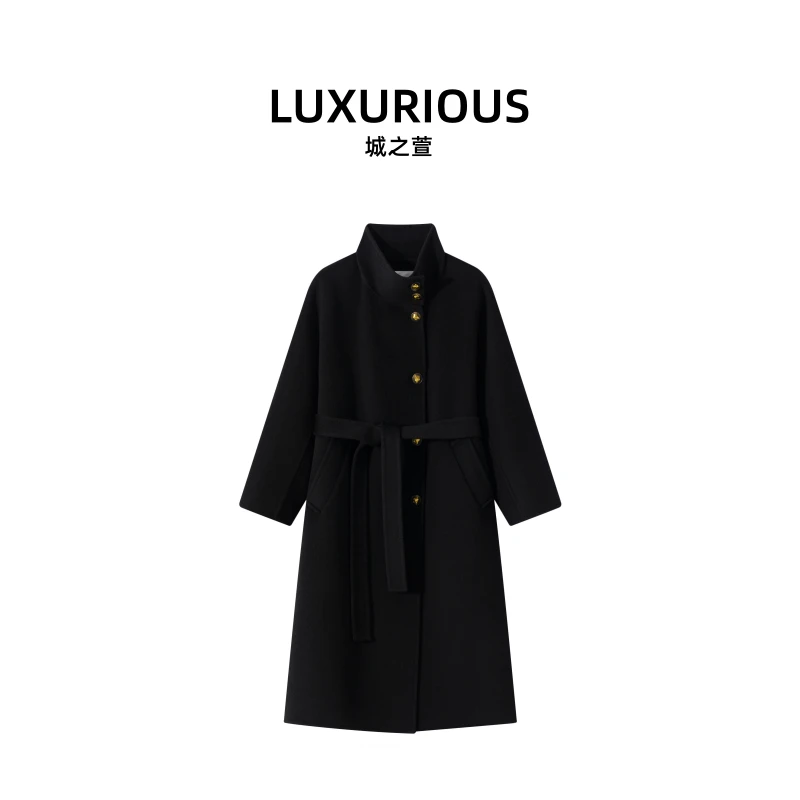 【冬日恋岛】100%初剪羊毛长款双毛呢大衣质冬季中长款翻领中款大衣