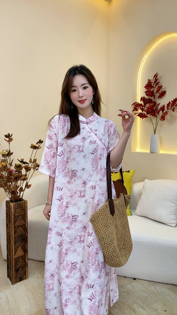 雨沫与麻【粉蝶-七分袖】2024新款新中式夏季复古日常文艺连衣裙