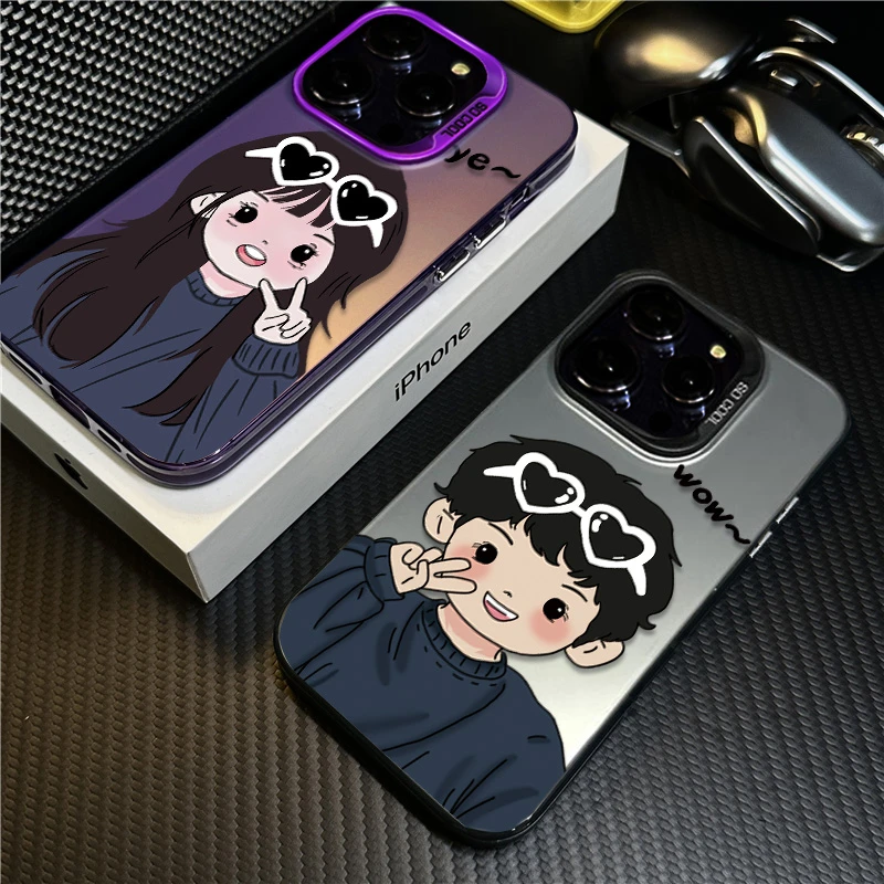 比耶情侣适用苹果16promax手机壳iPhone15创意14保护套13磨砂卡通